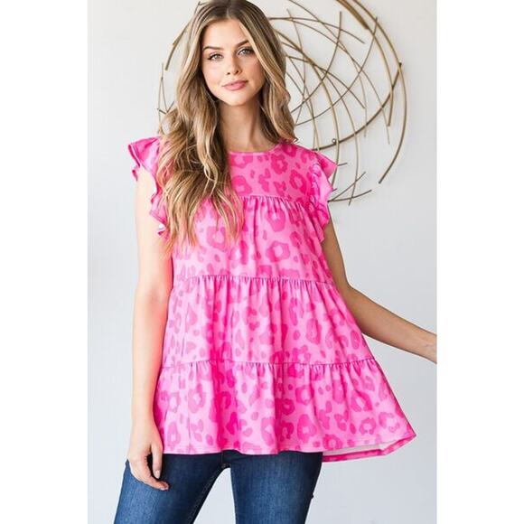 Heimish Tiered Leopard Pattern Ruffled Cap Sleeves Round Neck Blouse | Fuchsia - Picture 5 of 10